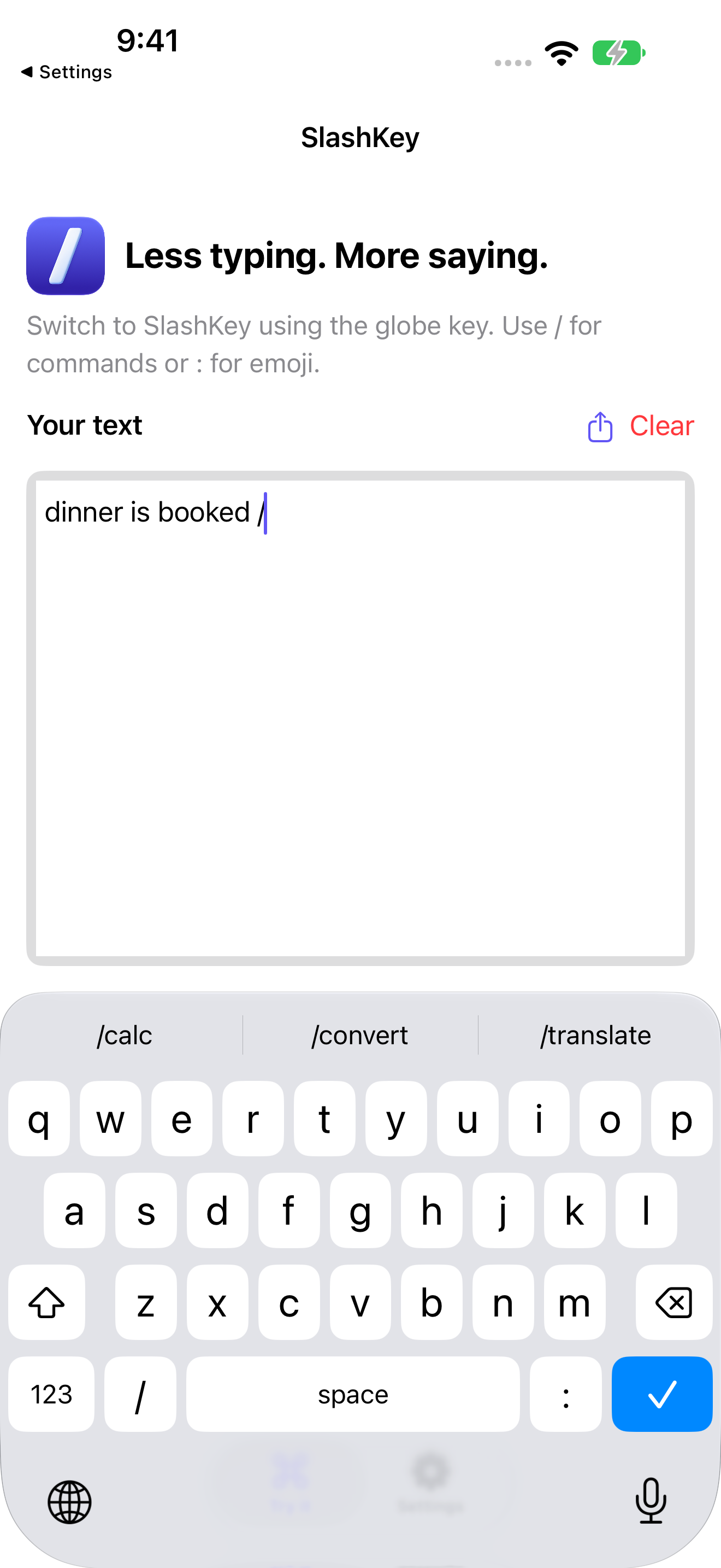 SlashKey's Try it screen with slash-command suggestions above the keyboard.